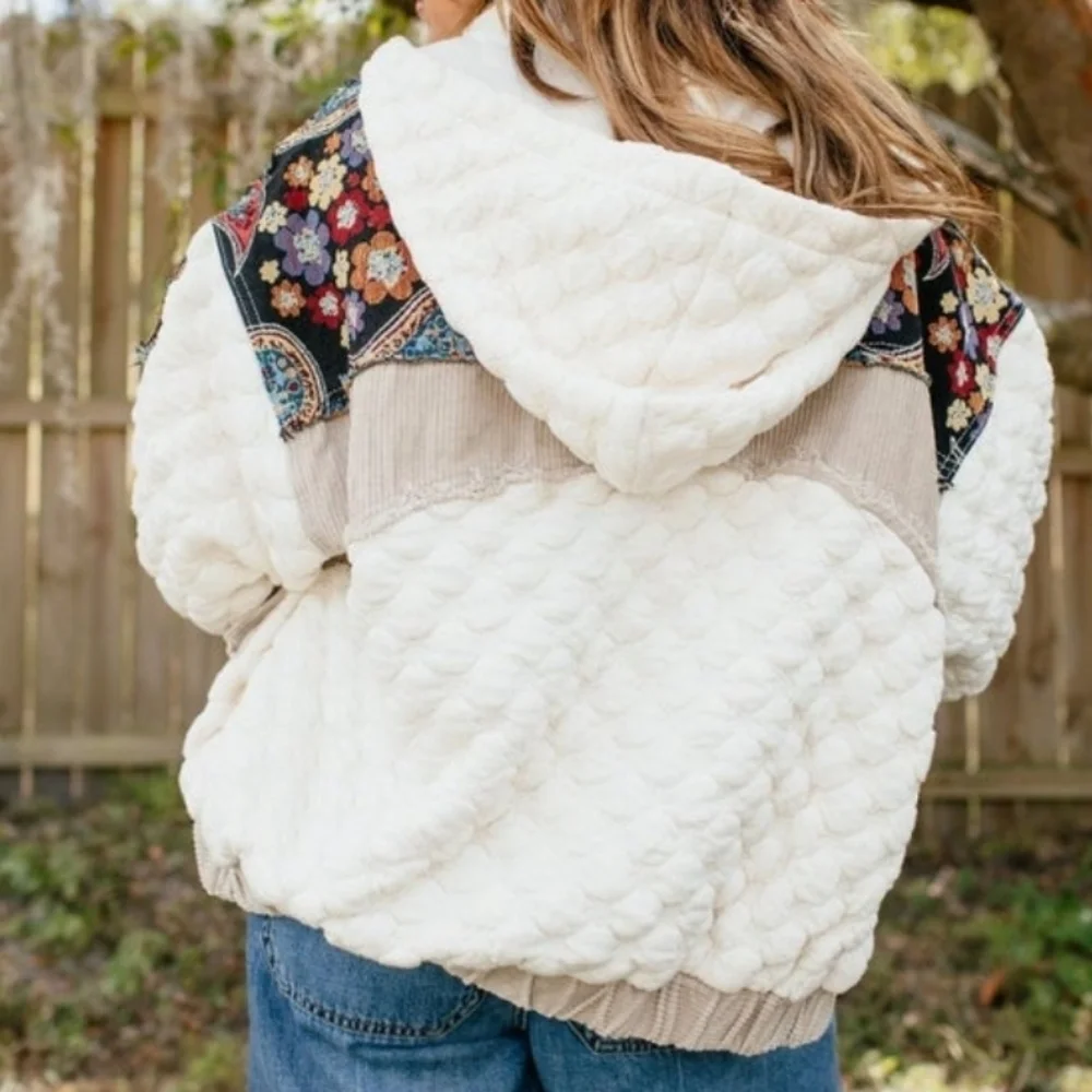 POL Boho Bold Quilted Hooded Jacket Patchwork Corduroy NEW
